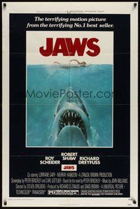 6x226 JAWS 1sh '75 art of Steven Spielberg's classic man-eating shark attacking sexy swimmer!