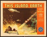 6x479 THIS ISLAND EARTH LC #3 '55 cool image of two alien spaceships attacking Earth with rays!
