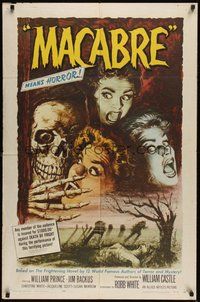 6x235 MACABRE 1sh '58 William Castle, cool artwork of skeleton & screaming babes in graveyard!