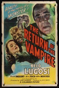6x265 RETURN OF THE VAMPIRE 1sh '44 cool image of Bela Lugosi & werewolf choking pretty girl!