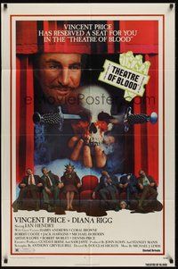 6x284 THEATRE OF BLOOD 1sh '73 great art of Vincent Price holding bloody skull w/dead audience!