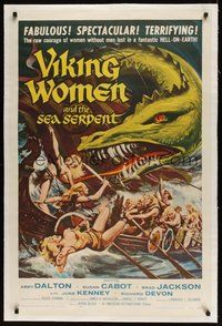 6x024 VIKING WOMEN & THE SEA SERPENT linen 1sh '58 art of sexy female warriors attacked on ship!