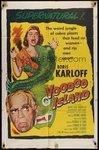6x298 VOODOO ISLAND 1sh '57 Boris Karloff, art of woman-eating cobra plant attacking girl!