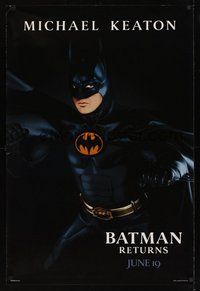 6y490 BATMAN RETURNS teaser 1sh '92 cool image of Michael Keaton in the title role, Tim Burton!