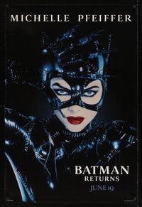 6y492 BATMAN RETURNS teaser 1sh '92 Michelle Pfeiffer as Catwoman, Tim Burton directed!