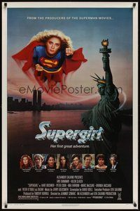 6y587 SUPERGIRL 1sh '84 super Helen Slater in costume flying over Statue of Liberty!