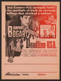 6z189 DEADLINE-U.S.A. herald '52 newspaper editor Humphrey Bogart, best journalism movie ever!
