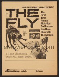 6z198 FLY herald '58 Vincent Price, Patricia Owens, Al Hedison, classic horror!