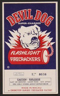 6z042 DEVIL DOG FLASHLIGHT FIRECRACKERS firecracker label '70s cool bulldog art!