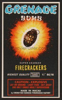 6z043 GRENADE BOMB SUPER CHARGED FIRECRACKERS firecracker label '70s cool art of grenade!