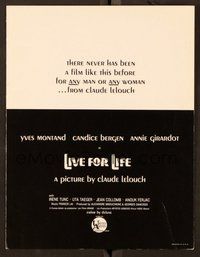 6z452 LIVE FOR LIFE promo brochure '68 Claude Lelouch, Yves Montand, Candice Bergen!