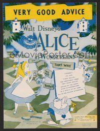 6z675 ALICE IN WONDERLAND Canadian sheet music '51 Disney Lewis Carroll classic, Very Good Advice!