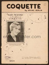6z717 COQUETTE sheet music '29 close-up portrait of Mary Pickford, Coquette!