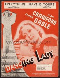 6z724 DANCING LADY sheet music '33 romantic close-up of Joan Crawford & Clark Gable