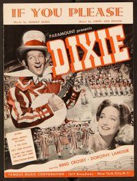 6z733 DIXIE sheet music '43 Bing Crosby with banjo, sexy Dorothy Lamour, If You Please!