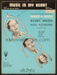 6z835 MAKE A WISH sheet music '37 Bobby Breen, Basil Rathbone & Marion Claire, Music in My Heart!