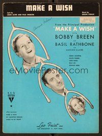 6z834 MAKE A WISH sheet music '37 Bobby Breen, Basil Rathbone & Marion Claire in wishbones!