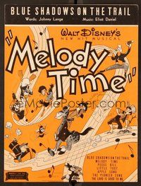 6z841 MELODY TIME sheet music '48 Walt Disney, cool cartoon art, Blue Shadows on the Trail!