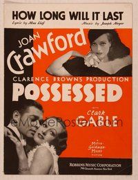 6z876 POSSESSED sheet music '31 great close up of sexy Joan Crawford & young shaven Clark Gable!