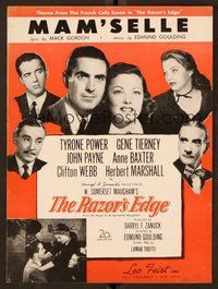 6z881 RAZOR'S EDGE sheet music '46 Tyrone Power, Gene Tierney, Mam'selle!