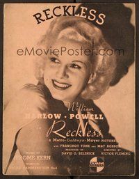6z882 RECKLESS sheet music '35 great sexy close-up image of Jean Harlow!