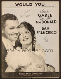 6z898 SAN FRANCISCO sheet music '36 Clark Gable & sexy Jeanette MacDonald, Would You!