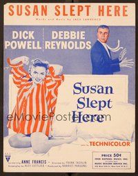6z940 SUSAN SLEPT HERE sheet music '54 different artwork of sexy Debbie Reynolds, Dick Powell!