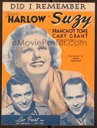 6z941 SUZY sheet music '36 Jean Harlow, Cary Grant & Franchot Tone, Did I Remember!