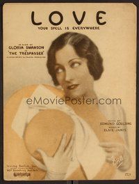 6z972 TRESPASSER sheet music '29 pretty Gloria Swanson with hat, Love, Your Spell is Everywhere!