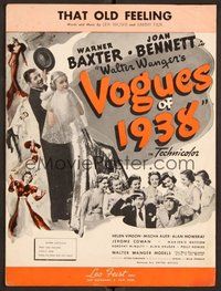 6z981 VOGUES OF 1938 sheet music '37 Warner Baxter & pretty Joan Bennett, That Old Feeling!