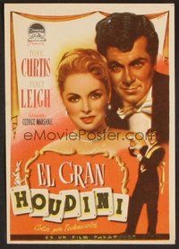 6z026 HOUDINI Spanish herald '53 Albericio art of Tony Curtis as magician + assistant Janet Leigh!