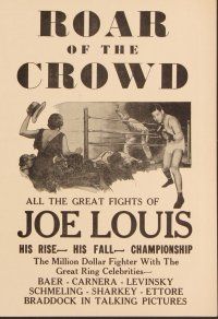 6z233 ROAR OF THE CROWD herald '30s documentary of slugger Joe Louis, boxing!