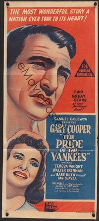 7a045 PRIDE OF THE YANKEES Aust daybill R50s Gary Cooper & Teresa Wright, New York City baseball!