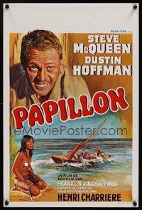 7a681 PAPILLON Belgian '73 great different art of prisoner Steve McQueen & topless native girl!