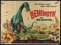 7a355 GIANT BEHEMOTH linen British quad '59 art of huge brontosaurus dinosaur monster smashing city!