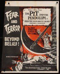 7a390 PIT & THE PENDULUM trimmed British quad '61 Poe's greatest terror tale, great horror art!