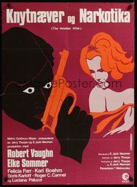 7a213 VENETIAN AFFAIR Danish '67 G. Chardonnet artwork of spies Robert Vaughn & sexy Elke Sommer!