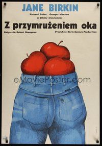 7a297 SERIOUS AS PLEASURE Polish 23x33 '76 Jane Birkin, bizzare Libera art of apples in blue jeans!