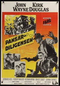 7a075 WAR WAGON Swedish '67 cowboys John Wayne & Kirk Douglas, western armored stagecoach artwork!