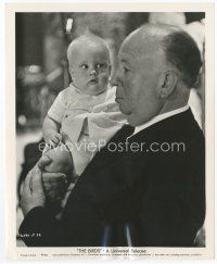 7b132 BIRDS candid 8x10 still '63 wonderful close up of director Alfred Hitchcock holding baby!