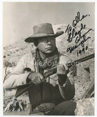 7c185 CLAUDE AKINS signed 8x10 REPRO still '90 cool close up in cowboy gear holding his rifle!