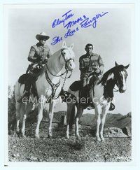 7c188 CLAYTON MOORE signed 8x10 REPRO still '80s in costume as the Lone Ranger on Silver by Tonto!