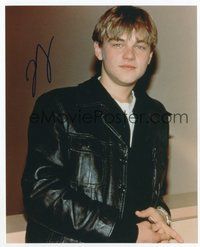 7c267 LEONARDO DICAPRIO signed color 8x10 REPRO still '00s portrait of the star in leather jacket!