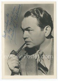 7c049 EDWARD G. ROBINSON signed deluxe 5x7 still '40s portrait in suit & tie smoking pipe!