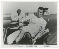 7c075 JAMES GARNER signed 8x10 still '69 getting out of a sports car from The Racing Scene!