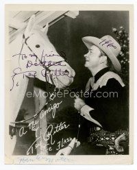 7c317 TEX RITTER signed 8x10 REPRO still '60 smiling big at his horse White Flash!