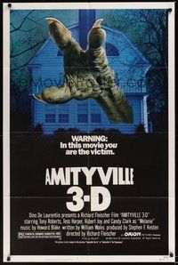 7d032 AMITYVILLE 3D 1sh '83 cool 3-D image of huge monster hand reaching from house!