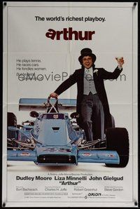 7d047 ARTHUR int'l 1sh '81 drunken Dudley Moore with race car & holding martini!