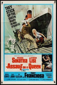 7d048 ASSAULT ON A QUEEN 1sh '66 art of Frank Sinatra w/pistol & sexy Virna Lisi on submarine deck!
