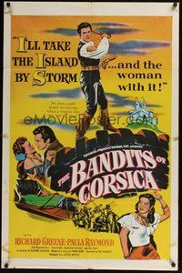 7d056 BANDITS OF CORSICA 1sh '53 Richard Greene will take the island by storm & Paula Raymond w/it!